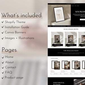 K&ouml;nnte beinhalten: Ein Screenshot einer Website, die ein digitales Planer-Produkt mit minimalistischem Design zeigt. Die Website bietet eine Sammlung von Planern, E-Books und Vorlagen. Die Website enth&auml;lt auch einen Abschnitt, in dem Sie &uuml;ber Ihre Marke sprechen k&ouml;nnen.