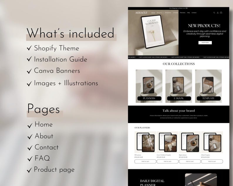 K&ouml;nnte beinhalten: Ein Screenshot einer Website, die ein digitales Planer-Produkt mit minimalistischem Design zeigt. Die Website bietet eine Sammlung von Planern, E-Books und Vorlagen. Die Website enth&auml;lt auch einen Abschnitt, in dem Sie &uuml;ber Ihre Marke sprechen k&ouml;nnen.
