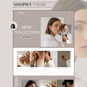 May include: A website mockup for a Shopify theme, showcasing a jewellery collection. The design includes a model wearing earrings and rings, with the text "NEW COLLECTION" and "SHOP NOW". The colour scheme is neutral, focusing on product presentation.