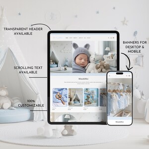 May include: A tablet and smartphone display a website with baby products. The tablet shows a baby wearing a hat and a teddy bear. The phone displays baby clothes. Text on the image includes "Transparent Header Available" and "Banners for Desktop & Mobile."