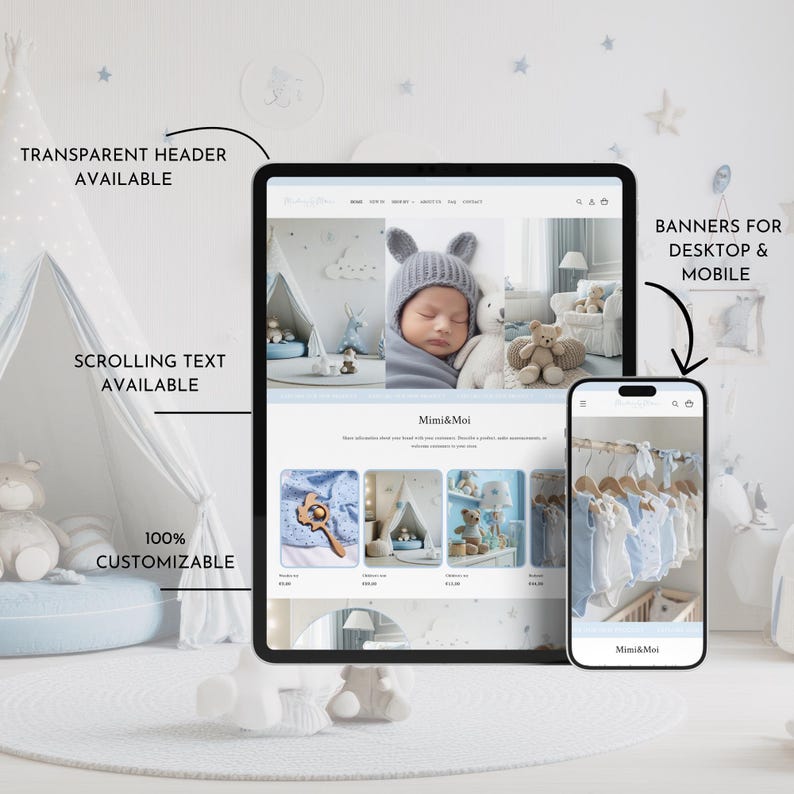May include: A tablet and smartphone display a website with baby products. The tablet shows a baby wearing a hat and a teddy bear. The phone displays baby clothes. Text on the image includes "Transparent Header Available" and "Banners for Desktop & Mobile."