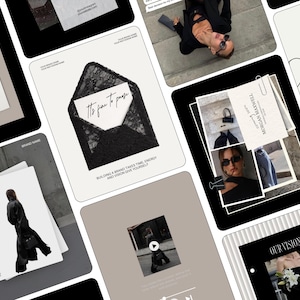 Puede incluir: Una colección de plantillas digitales para redes sociales que incluye un sobre de encaje negro con el texto It's time to pause, una persona con ropa negra, un clip y el texto Our Vision, en una paleta de colores neutros de negro, blanco y beige.
