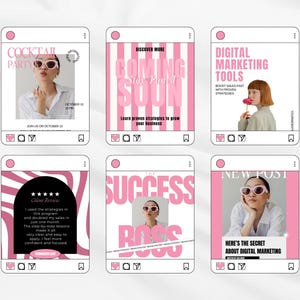 May include: A collection of six Instagram-style social media posts with pink and white designs. The posts feature text like "Cocktail Party," "Coming Soon," and "Digital Marketing Tools." Each post includes images of people and decorative elements.