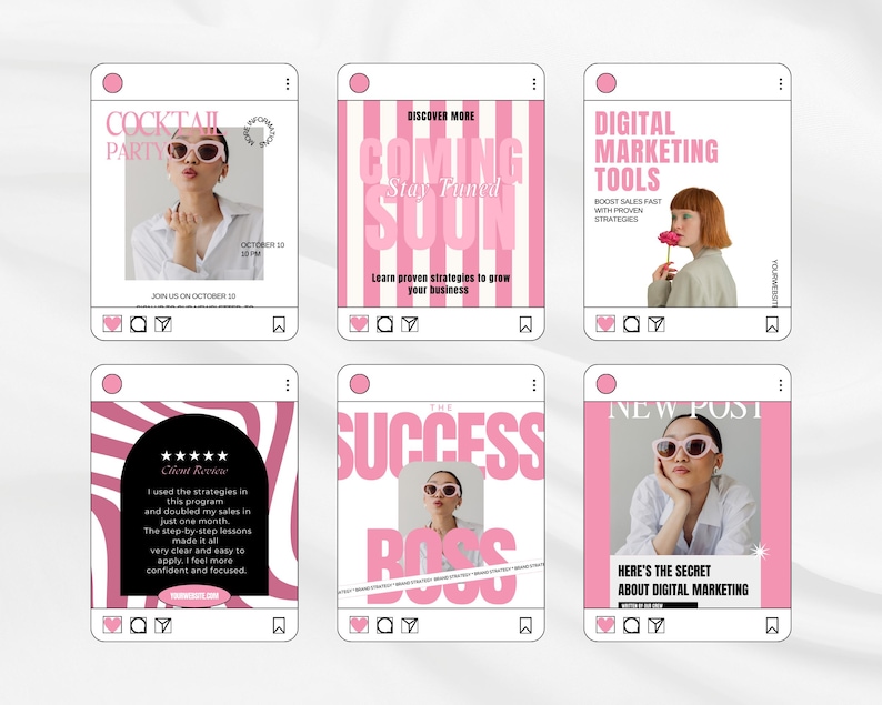 May include: A collection of six Instagram-style social media posts with pink and white designs. The posts feature text like "Cocktail Party," "Coming Soon," and "Digital Marketing Tools." Each post includes images of people and decorative elements.