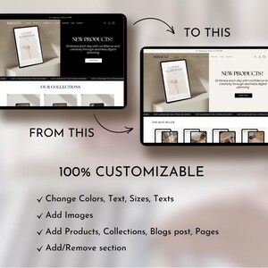 K&ouml;nnte beinhalten: Ein Website-Mockup, das ein Vorher-Nachher-Beispiel f&uuml;r Website-Design zeigt. Das Vorher-Bild zeigt eine einfache Website mit einem Produktbild und Text. Das Nachher-Bild zeigt eine modernere und optisch ansprechendere Website mit einem Produktbild, Text und einer Sammlung von Produktbildern. Der Text auf dem Bild lautet "100% anpassbar" und listet Funktionen wie das &Auml;ndern von Farben, Text, Gr&ouml;&szlig;en, das Hinzuf&uuml;gen von Bildern, Produkten, Sammlungen, Blogs, Seiten und das Hinzuf&uuml;gen oder Entfernen von Abschnitten auf.