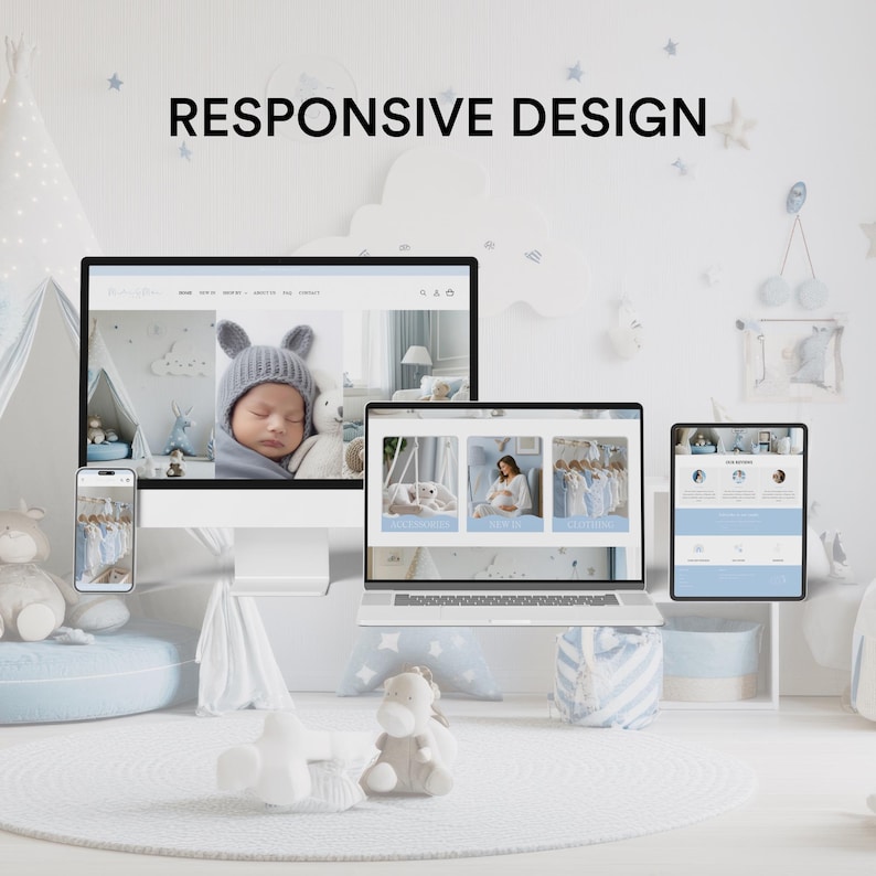 May include: A display of responsive design across multiple devices, including a desktop computer, laptop, tablet, and smartphone. The screens showcase a website with a baby theme, featuring a sleeping infant and product displays. The text "RESPONSIVE DESIGN" is displayed at the top.