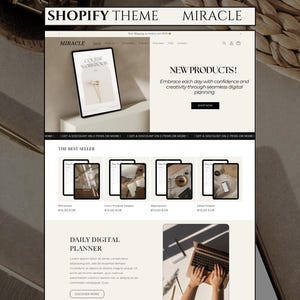 Peut inclure: Maquette de site web avec le texte "Shopify Theme Miracle". Le site présente des agendas numériques, avec le texte "Nouveaux produits !" et "Planificateur numérique quotidien". Le design est épuré et minimaliste.