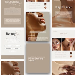Może przedstawiać: Zbiór materiałów promocyjnych produktów do pielęgnacji skóry i urody. Obrazy zawierają tekst, taki jak "Skin Reset Ritual", "Beauty Tip" i "Daily Reminder". Paleta kolorów jest neutralna, z odcieniami beżu i bieli.
