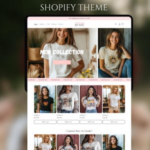 May include: A digital display of a Shopify website theme titled Styled By You. The layout features a header with navigation links, a hero section with New Collection text, and a grid of product listings showing various t-shirts with graphic prints.
