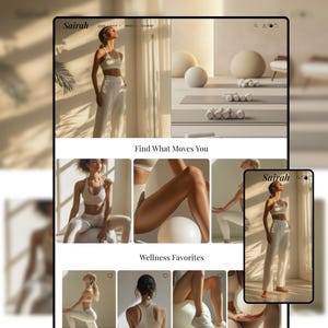 Op de afbeelding: Een website-interface met de naam "Sairah" bovenaan. De site toont afbeeldingen van fitness- en wellnessproducten, waaronder trainingskleding en trainingsapparatuur. De tekst "Find What Moves You" is zichtbaar.