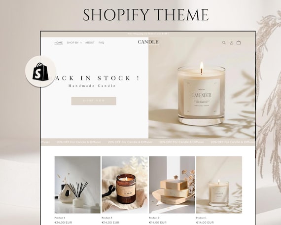 Modèle de site Web pour bougies, Thème Shopify pour bougie, Thème Shopify 2.0, Modèle Shopify minimaliste, bannières de site web modifiables