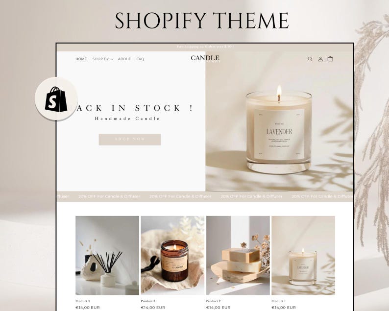 Kerzen-Website-Vorlage, Shopify-Theme für Kerzen, Shopify 2.0-Theme, minimalistische Shopify-Vorlage, veränderbare Website-Banner Bild 1