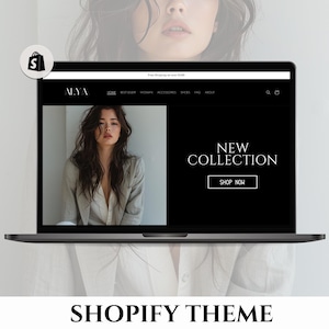 May include: A black and white laptop computer screen displaying a website with the text "NEW COLLECTION" and a button that says "SHOP NOW". The website is for a clothing store called "ALYA".