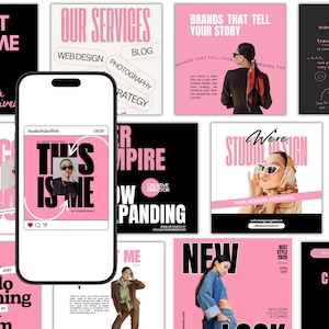 May include: A smartphone displays a social media post with the text "THIS IS ME" in a pink and white design. Surrounding the phone are various pink and black promotional graphics with text like "OUR SERVICES" and "BRANDS THAT TELL YOUR STORY".