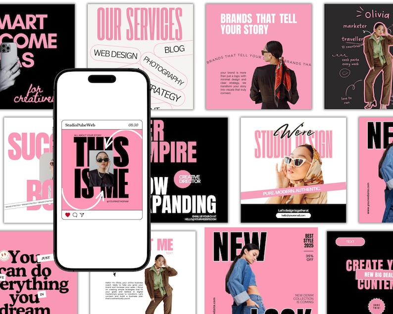 May include: A smartphone displays a social media post with the text "THIS IS ME" in a pink and white design. Surrounding the phone are various pink and black promotional graphics with text like "OUR SERVICES" and "BRANDS THAT TELL YOUR STORY".