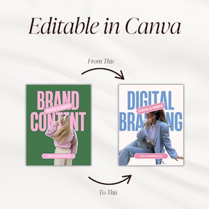 May include: An image showcasing a design concept, with the text "Editable in Canva" at the top. The image features two mockups: one with "BRAND CONTENT" and the other with "DIGITAL BRANG". Both include the text "IDEAS & INSPO".