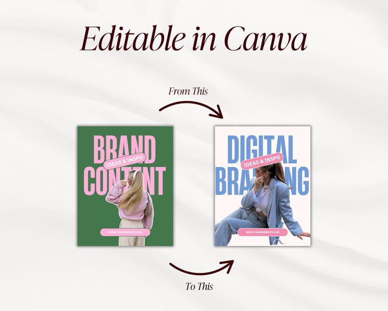 May include: An image showcasing a design concept, with the text "Editable in Canva" at the top. The image features two mockups: one with "BRAND CONTENT" and the other with "DIGITAL BRANG". Both include the text "IDEAS & INSPO".