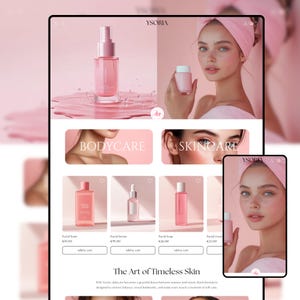 May include: A digital display showcasing skincare products with the brand name "YSORIA." The website features pink-toned product images, including facial serum, soap, and cream. The text "BODYCARE" and "SKINCARE" are visible, along with the phrase "The Art of Timeless Skin."