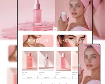 May include: A digital display showcasing skincare products with the brand name "YSORIA." The website features pink-toned product images, including facial serum, soap, and cream. The text "BODYCARE" and "SKINCARE" are visible, along with the phrase "The Art of Timeless Skin."