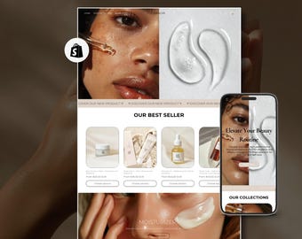 May include: A website homepage for a beauty brand called Analyia. The website features a close-up image of a person's face with a clear serum being applied. The website also features a section called "Our Best Seller" with three product images and a section called "Our Collections".
