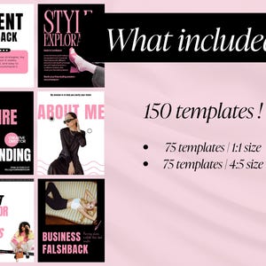 May include: A promotional image with a pink and black color scheme. The image includes text such as "Client Feedback", "Style Explore", "Her Empire", "About Me", "Content Ideas for Online Success", and "Business Falshback". The text "What included" and "150 templates!" are also visible.