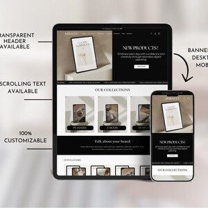 K&ouml;nnte beinhalten: Ein Website-Mockup auf einem Tablet und einem Telefon, das ein schwarz-wei&szlig;es Website-Design mit dem Wort "Miracle" in der Kopfzeile zeigt. Die Website bietet eine Sammlung von Planern, E-Books und Vorlagen. Die Website hat auch einen Bereich f&uuml;r neue Produkte und einen Bereich f&uuml;r unsere Sammlungen.