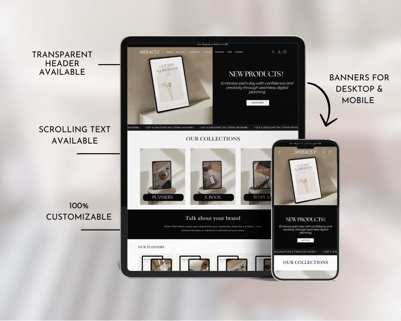 K&ouml;nnte beinhalten: Ein Website-Mockup auf einem Tablet und einem Telefon, das ein schwarz-wei&szlig;es Website-Design mit dem Wort "Miracle" in der Kopfzeile zeigt. Die Website bietet eine Sammlung von Planern, E-Books und Vorlagen. Die Website hat auch einen Bereich f&uuml;r neue Produkte und einen Bereich f&uuml;r unsere Sammlungen.