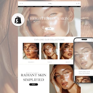 May include: Website homepage for a skincare brand called "RADIANT SKIN SIMPLIFIED". The website features images of models with glowing skin and text that says "BRIGHTEN YOUR SKIN" and "EXPLORE OUR COLLECTIONS".