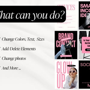 May include: A promotional graphic with a black background and pink text. The text reads "What can you do?" followed by a list of services. Other graphics include "Smart Income Ideas", "Brand Content", "Glow Up", and "Social Media".
