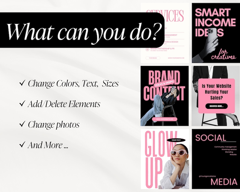 May include: A promotional graphic with a black background and pink text. The text reads "What can you do?" followed by a list of services. Other graphics include "Smart Income Ideas", "Brand Content", "Glow Up", and "Social Media".