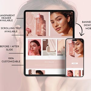 May include: A website mockup showing a before and after image of a person using a skincare product. The website has a transparent header, scrolling text, and banners for desktop and mobile. The text on the website reads "Glow Naturally".
