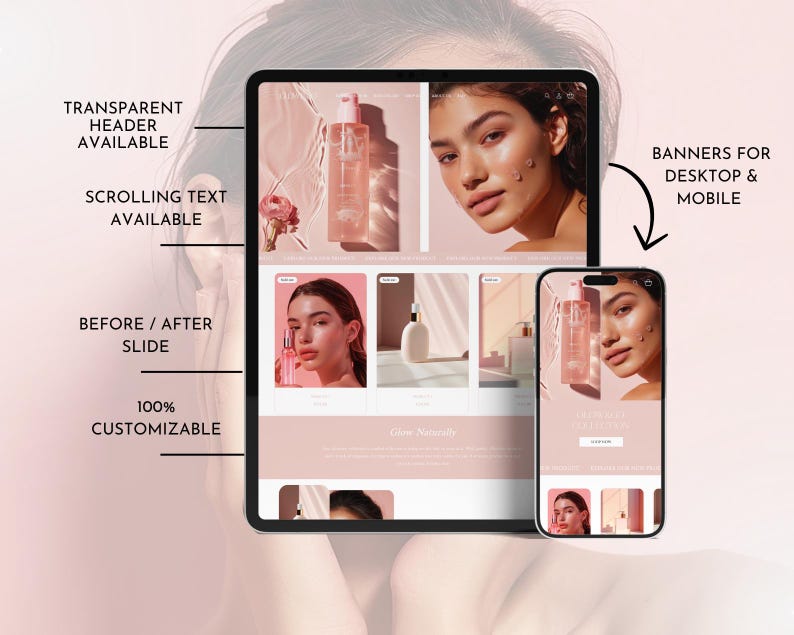 May include: A website mockup showing a before and after image of a person using a skincare product. The website has a transparent header, scrolling text, and banners for desktop and mobile. The text on the website reads "Glow Naturally".