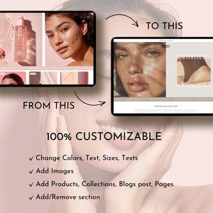 May include: A screenshot of a website showing a before and after image of a person's skin. The website is customizable and allows users to change colors, text, sizes, and add images, products, collections, blogs, and pages. The website also allows users to add or remove sections.