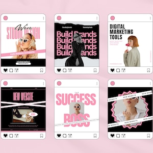 May include: A collection of six Instagram-style graphics with a pink and black color scheme. Each graphic features a photo and text, including phrases like "Studio Design," "Build Brands," and "Digital Marketing Tools." The overall theme is related to branding and marketing.