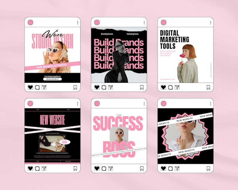 May include: A collection of six Instagram-style graphics with a pink and black color scheme. Each graphic features a photo and text, including phrases like "Studio Design," "Build Brands," and "Digital Marketing Tools." The overall theme is related to branding and marketing.