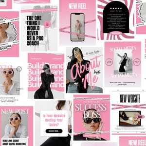 May include: A collection of pink and white digital marketing templates with images of people, text, and graphics. The templates include phrases like "New Website," "About Me," and "Success Boss."