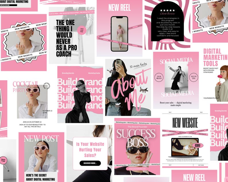 May include: A collection of pink and white digital marketing templates with images of people, text, and graphics. The templates include phrases like "New Website," "About Me," and "Success Boss."
