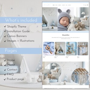 May include: A website mockup for a baby boutique, featuring a soft blue and white color scheme. The design includes product images, a baby wearing a knitted hat, and a list of included features such as Shopify theme and Canva banners. The website is named Mimi & Moi.