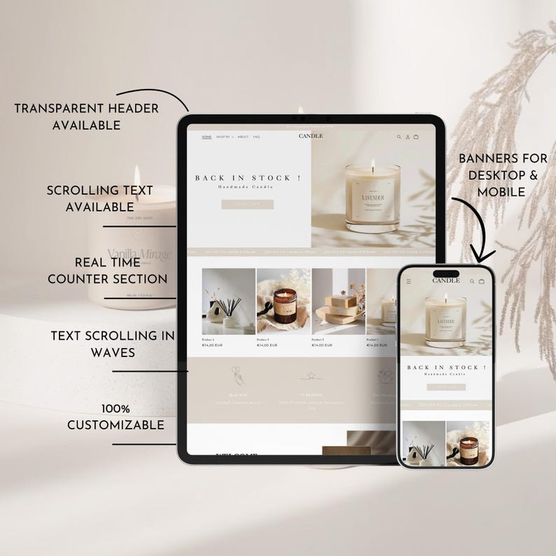 Kerzen-Website-Vorlage, Shopify-Theme für Kerzen, Shopify 2.0-Theme, minimalistische Shopify-Vorlage, veränderbare Website-Banner Bild 2