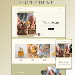 May include: A website mockup for Wild.Soap, showcasing handmade soap products. The design features a clean, minimalist aesthetic with a light green and white color scheme. The site includes product displays, a shop now button, and a mobile view.