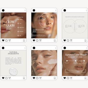 May include: A series of six Instagram-style posts with a skincare theme. The posts feature close-up images of skin, text like "Glow Guide" and "Natural Ingredients", and diagrams. The color palette is neutral with a focus on skin health.