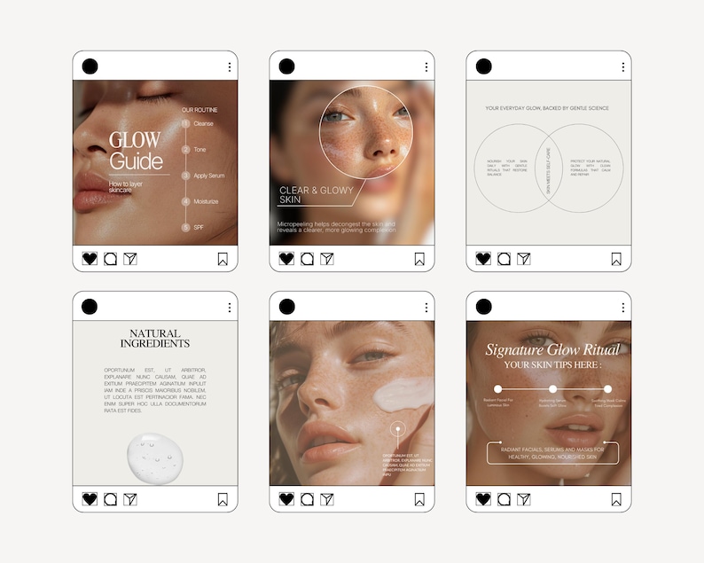 May include: A series of six Instagram-style posts with a skincare theme. The posts feature close-up images of skin, text like "Glow Guide" and "Natural Ingredients", and diagrams. The color palette is neutral with a focus on skin health.