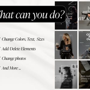 May include: A graphic design presentation with the text "What can you do?" and bullet points listing options like changing colors, text, sizes, adding/deleting elements, and changing photos. Additional images showcase social media and coaching themes.