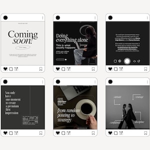 May include: Six Instagram post mockups with text overlays. The posts feature phrases like "Coming soon!", "Doing everything alone", and "from random posting to strategy". Each mockup includes a heart, comment, and share icon.