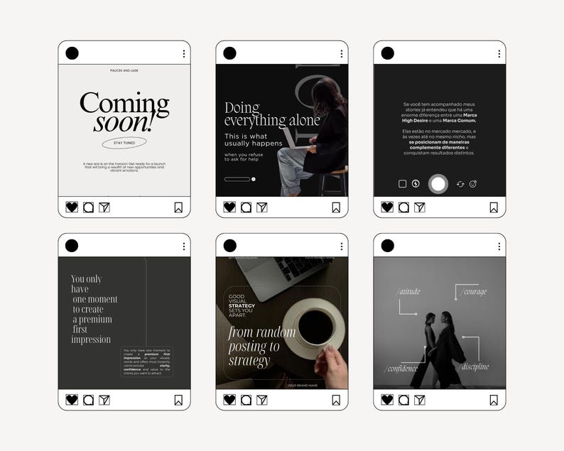 May include: Six Instagram post mockups with text overlays. The posts feature phrases like "Coming soon!", "Doing everything alone", and "from random posting to strategy". Each mockup includes a heart, comment, and share icon.