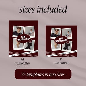 Pu&ograve; includere: Un set di modelli di marketing digitale in due dimensioni, 4:5 (1080x1350) e 1:1 (1080x1080), con un collage di immagini e il testo "New Inspirations". Il set include 75 modelli, su sfondo bordeaux.