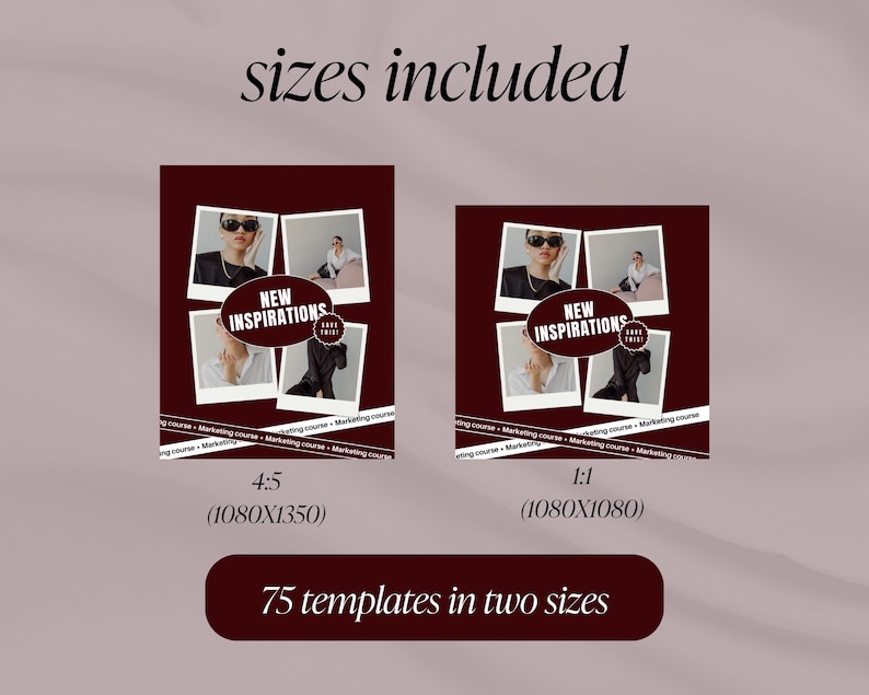 Pu&ograve; includere: Un set di modelli di marketing digitale in due dimensioni, 4:5 (1080x1350) e 1:1 (1080x1080), con un collage di immagini e il testo "New Inspirations". Il set include 75 modelli, su sfondo bordeaux.