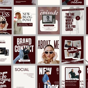 Pu&ograve; includere: Una raccolta di post sui social media con uno sfondo marrone scuro. I post presentano testi come "Success Boss", "New Blog Post" e "About Me". Sono incluse anche immagini di persone con occhiali da sole e altri articoli di moda.