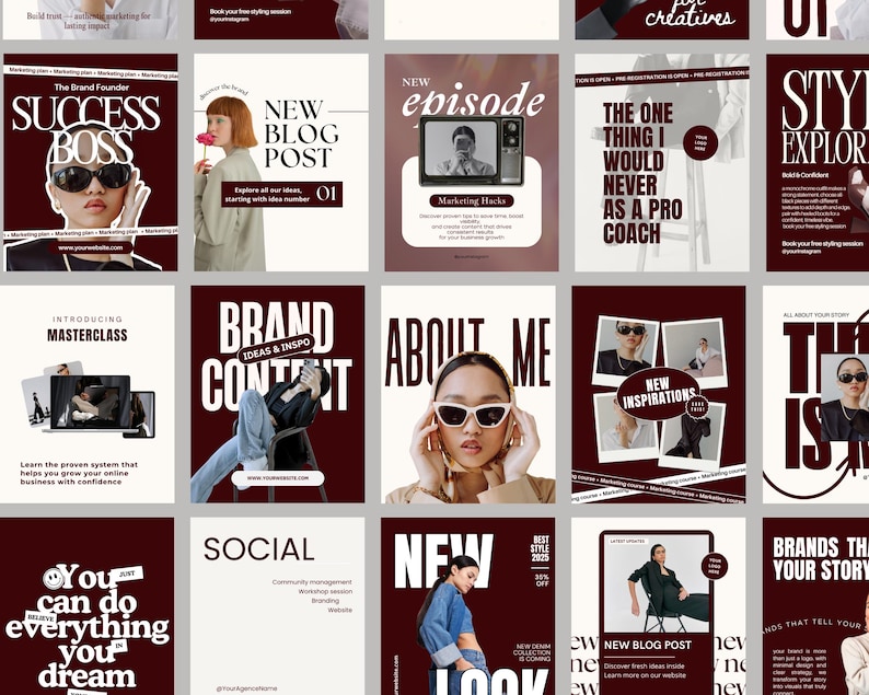 Pu&ograve; includere: Una raccolta di post sui social media con uno sfondo marrone scuro. I post presentano testi come "Success Boss", "New Blog Post" e "About Me". Sono incluse anche immagini di persone con occhiali da sole e altri articoli di moda.