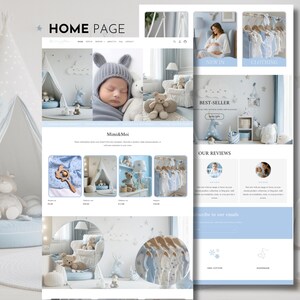 May include: A website homepage for Mimi & Moi, featuring baby products. The page has a light blue and white color scheme. The top section includes a photo of a baby wearing a hat, and the text "HOME PAGE". Other sections showcase clothing and accessories.